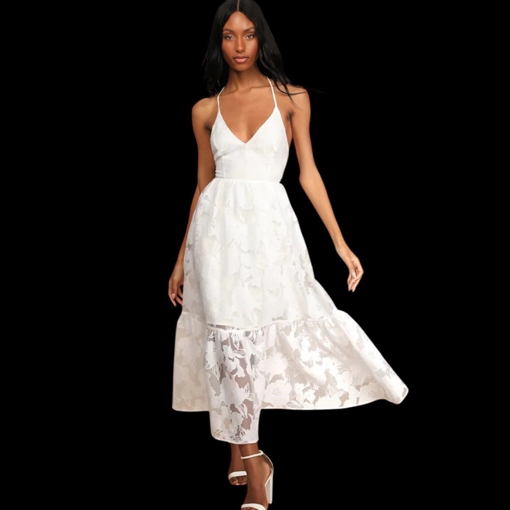 Lulus Feeling Like Forever White Jacquard Organza Lace-Up Midi Dress NWOT - Picture 2 of 6